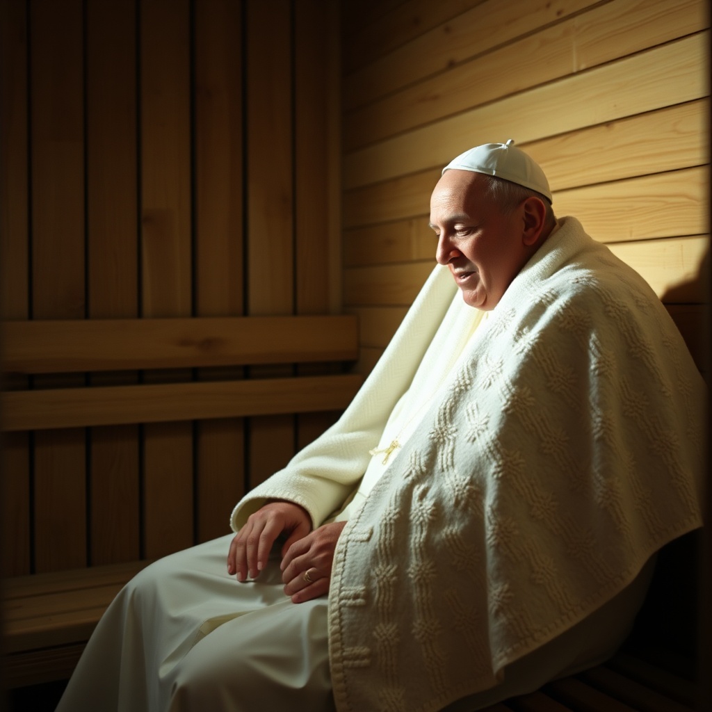 The image features a serene figure dressed in white robes, seated within a wooden sauna-like environment. The lighting is soft, creating a warm ambiance that enhances a sense of tranquility and contemplation. The composition focuses on the peaceful expression of the person, captured against the simplistic backdrop of wooden planks.