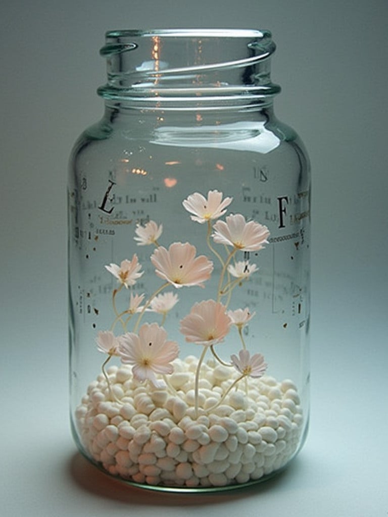 Glass jar filled with white pebbles and delicate pink flowers. Soft lighting enhances its beauty. Perfect for home decoration.