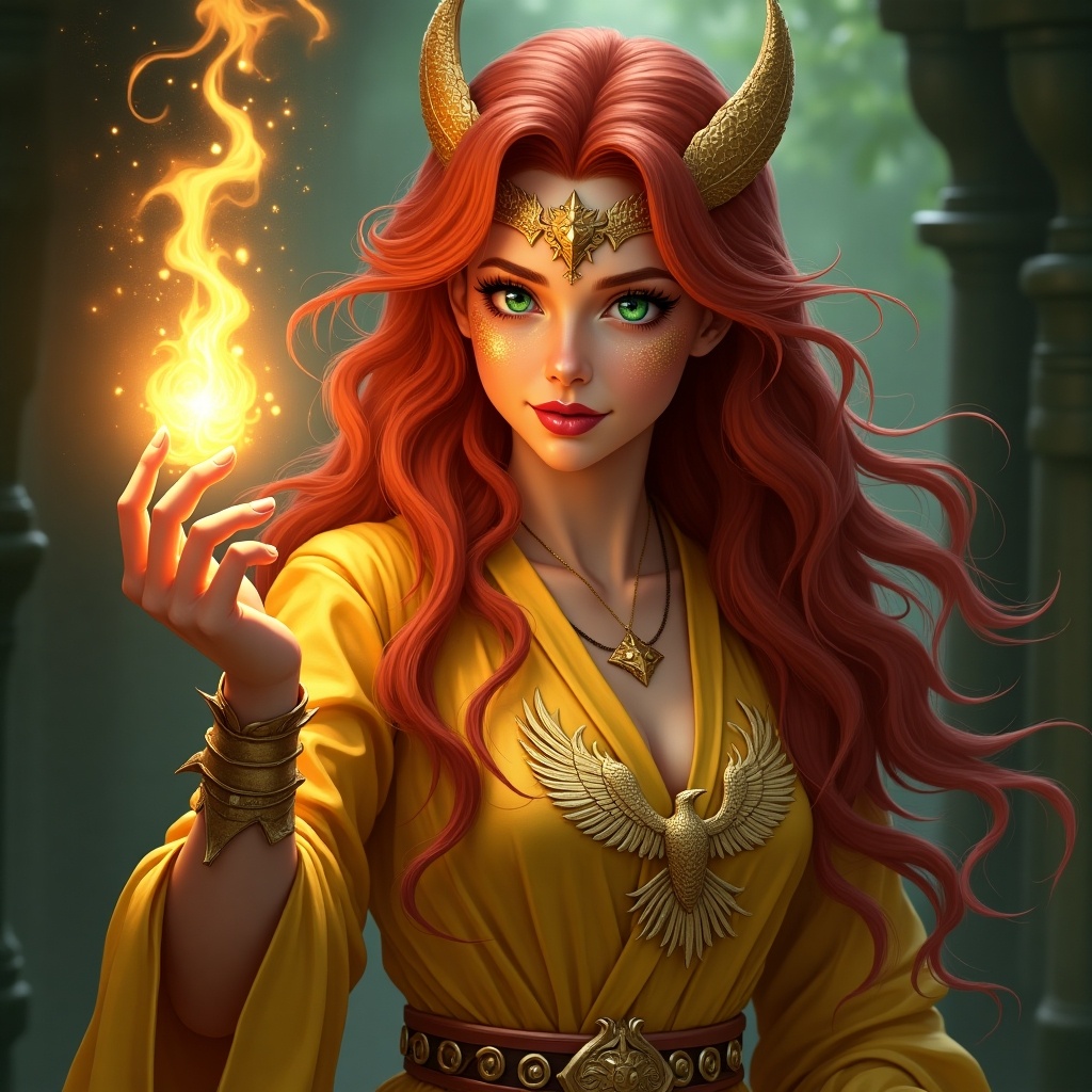 This image depicts a powerful and enchanting young sorceress. She has long, flowing ruby-red hair and striking emerald green eyes with hints of gold. In her hand, she conjures a vibrant magical flame that glows with an otherworldly aura. Her attire consists of a fitted golden robe adorned with a phoenix emblem, symbolizing resilience and power. The golden dragon-like scales on her face add to her mystical presence, complementing her pale skin beautifully. The overall scene captures her as a perfect blend of a warrior and a spellcaster, radiating confidence and strength.