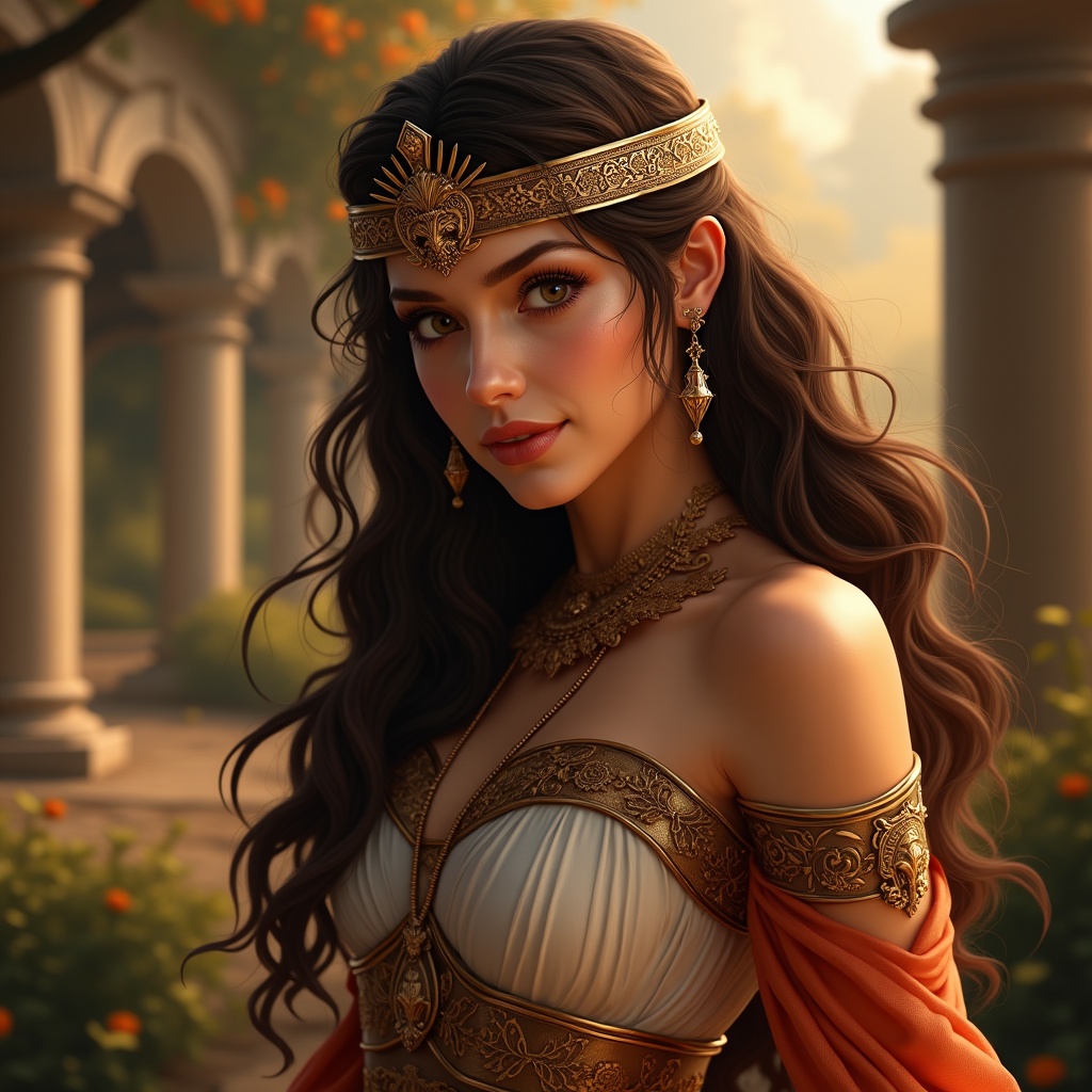 A realistic image of Athena, depicted as a beautiful woman in elegant attire. She wears a crown and jewelry, surrounded by a lush, ethereal landscape. The atmosphere appears warm and inviting, with soft, golden sunlight filtering through the trees.