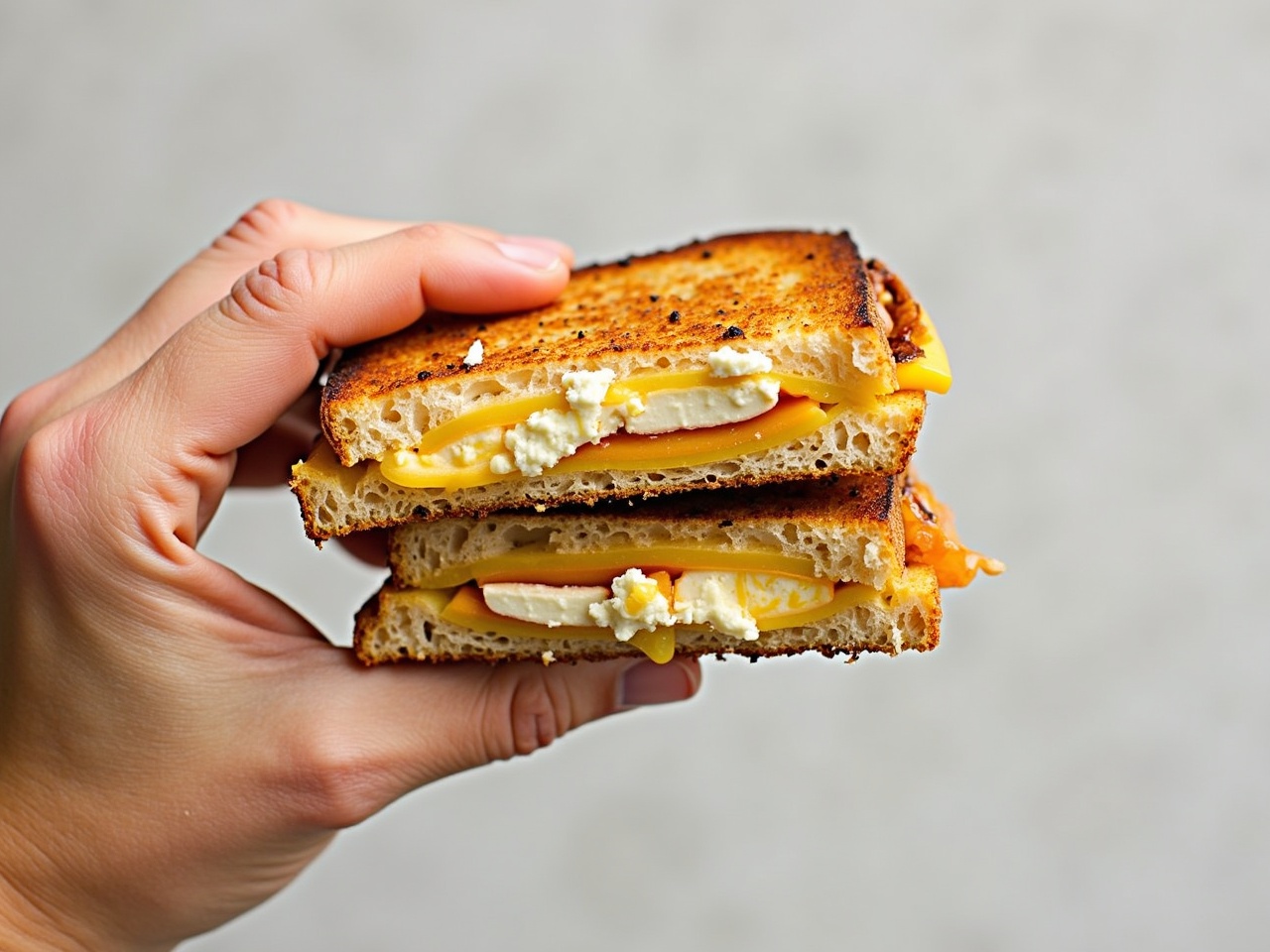 This image features a hand holding a delicious sandwich stacked with layers of melted cheese and Greek feta. The sandwich is toasted to a perfect golden brown, showcasing the crispy exterior. Inside, there's a delightful mix of creamy feta and slices of cheese that are oozing out. The bread appears rustic and hearty, making it an ideal comfort food. This visual captures the essence of a mouthwatering snack that is both satisfying and indulgent.