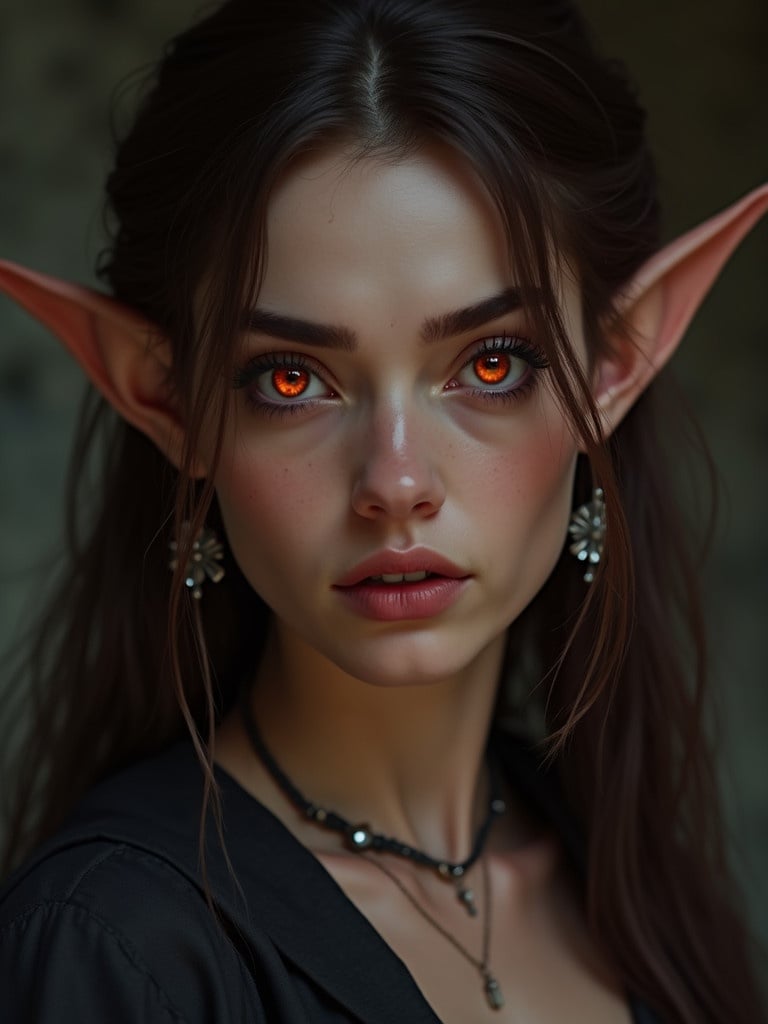 A mystical elven character with crimson eyes and pointed ears. Dark hair cascading down. Defined angular features. Angry expression with tears and biting lip. Intricate earrings adorn the ears.