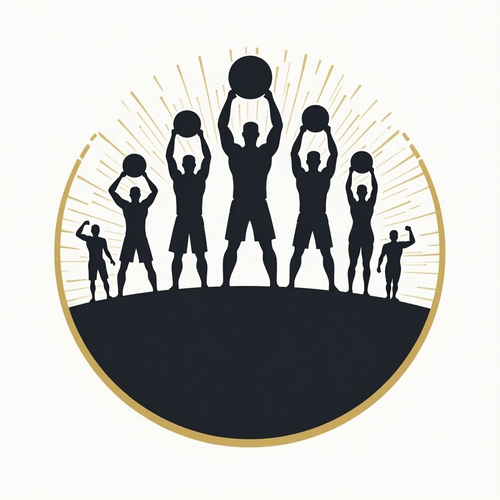 This image represents a logo for a gym, featuring multiple figures lifting weights. The silhouettes of the individuals suggest a strong community effort aimed at achieving a common goal. The design is minimalist yet powerful, emphasizing teamwork and shared commitment. The use of black figures against a bright background helps convey strength and clarity. Elements such as sunbursts add dynamic energy to the overall composition.