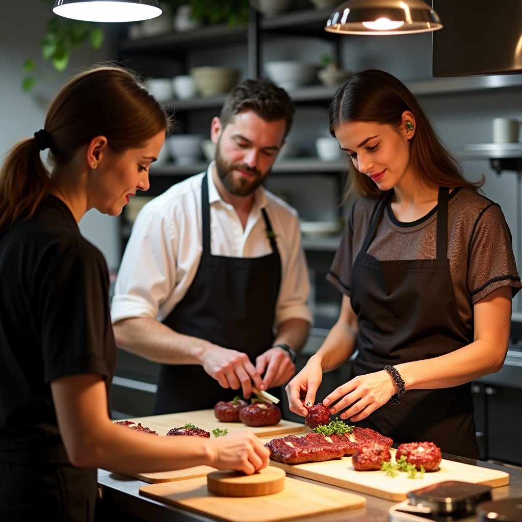 Two individuals preparing sous vide steaks on a kitchen countertop. Two consultants observing their cooking process. Innovative kitchen setting with various cooking equipment.