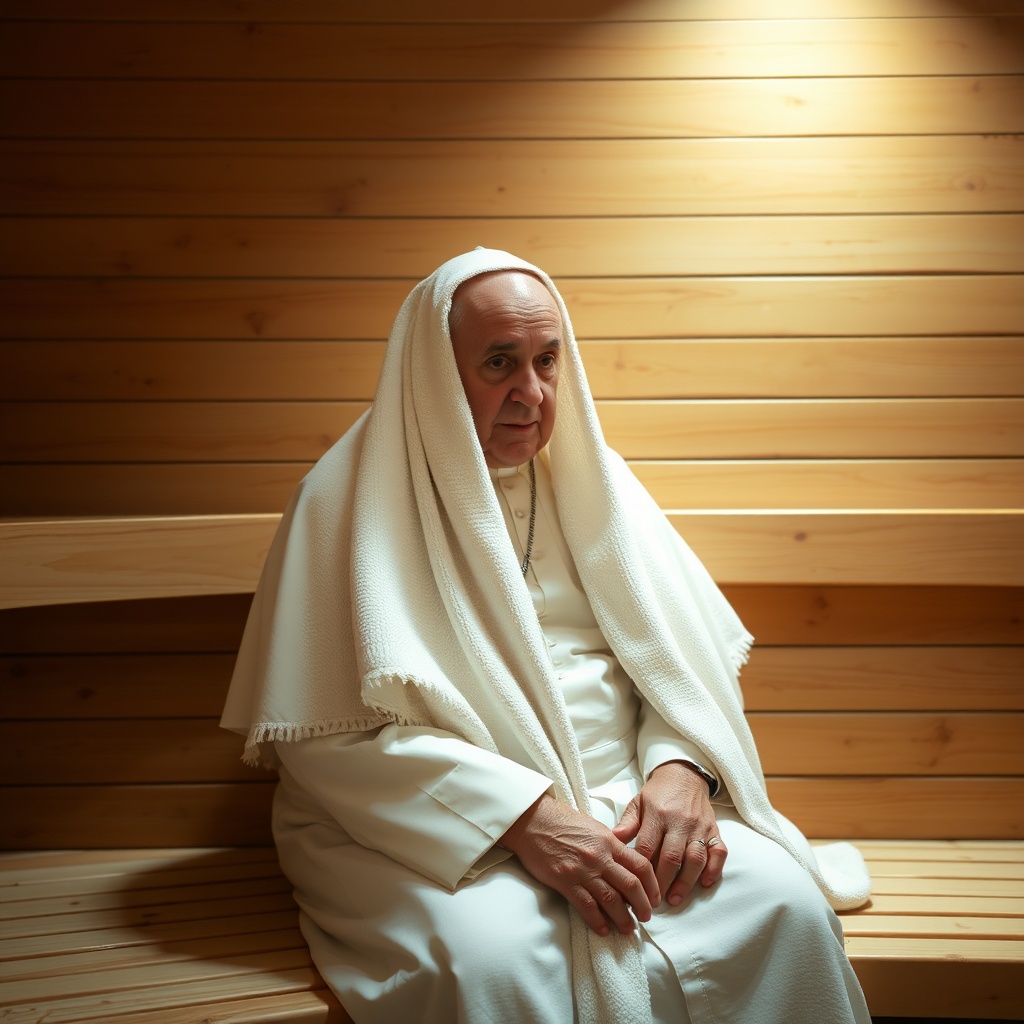 A man draped in a white robe sits contemplatively inside a wooden sauna. The warm, soft lighting creates a serene and peaceful atmosphere, enhanced by the uniform wooden slats lining the interior. The image captures a moment of quiet reflection, emphasizing the soothing nature of the environment.