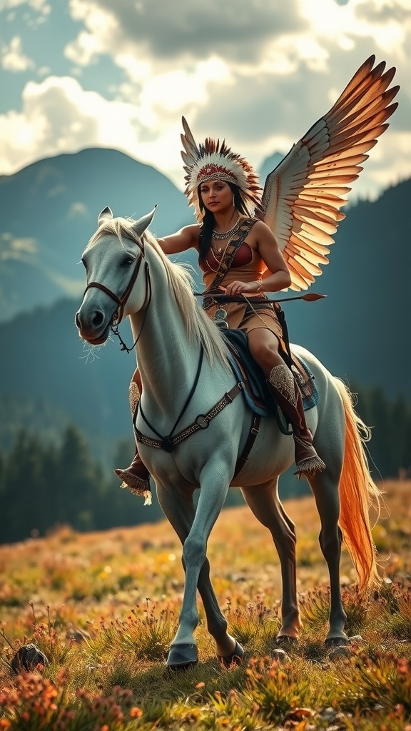 A powerful image depicting a fantasy scene where a warrior with majestic wings rides a white horse in a serene, mountainous landscape. The warrior wears a traditional headdress and holds a spear, exuding a sense of strength and freedom. The lighting captures a warm glow, enhancing the mystical atmosphere.