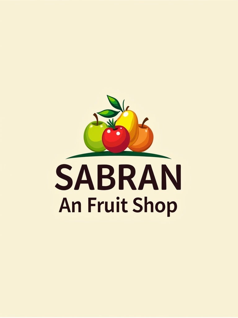 Logo design for a fruit shop named SABRAN featuring colorful fruits. The design showcases a variety of apples and oranges. The name is prominently displayed with a clean and modern font.