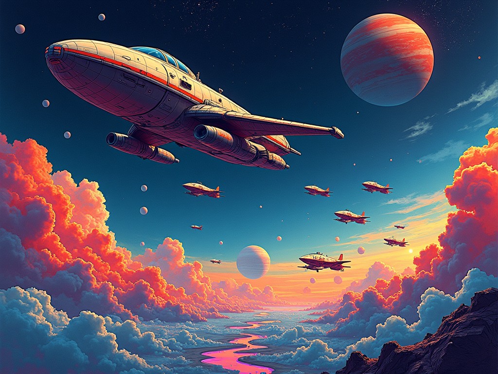 This artwork presents a cosmic scene featuring a central spaceship amidst a stunning backdrop of nebulas and planets. The dramatic sky is filled with vibrant colors, blending deep blues with bright oranges. In the distance, a flock of polyhedral spaceships flies in formation, creating a sense of motion and unity. The colorful atmosphere captures the energy of space exploration with a psychedelic twist. Overall, it embodies a futuristic vision of travel and discovery among the stars.