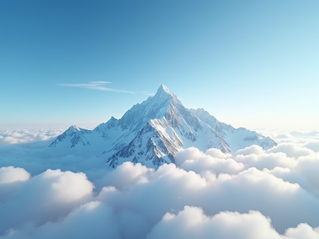 This image captures a stunning view of a majestic snowy mountain peak soaring above a sea of fluffy clouds. The mountain, with its sharp and rugged terrain, is illuminated by soft, natural light. The clear blue sky creates a perfect backdrop, enhancing the scene's beauty. The contrast between the white snow and blue sky offers a breathtaking spectacle. This photorealistic landscape evokes a sense of adventure and tranquility.