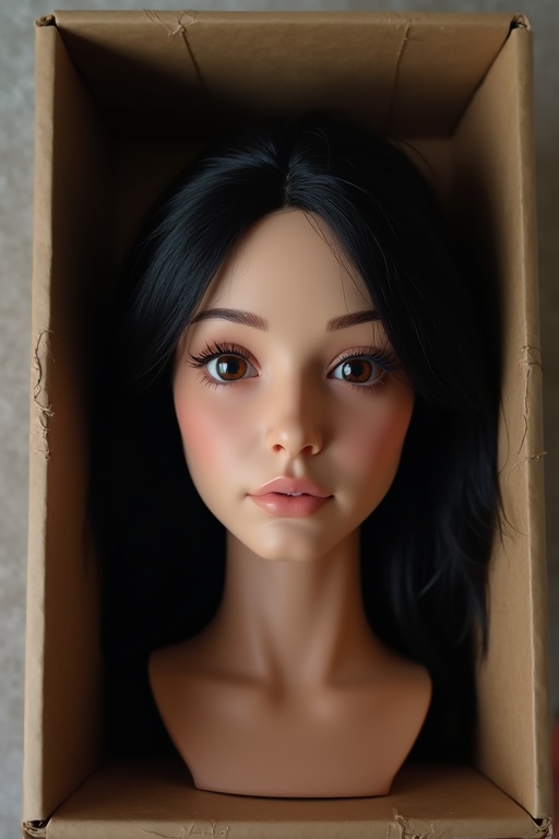 Realistic female head placed in a box with black hair and hazel eyes.