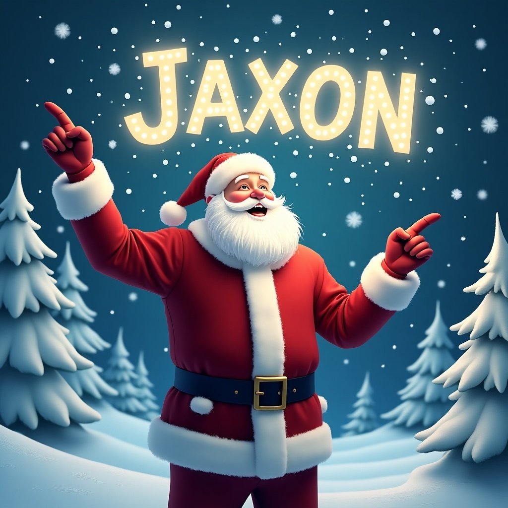 Santa Claus in a winter scene points upward. He wears a red suit with white trim. Glowing letters spell 'Jaxon' in the sky. Snowflakes fall around him. Snowy trees are in the background. A joyful Christmas atmosphere is created.