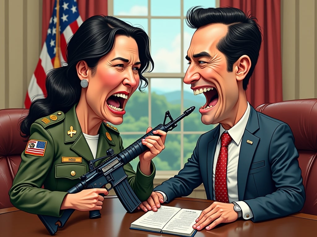 The artwork features two prominent figures in a playful and exaggerated style. Tulsi Gabbard, dressed in her army uniform, is in her office in The White House, holding an AR-15. She is looking angrily at Pete Hegseth, who has a Jerusalem Cross Tattoo on his chest. The two figures are depicted as caricatures with whimsical expressions. This cartoonish portrayal suggests themes of power dynamics and humor in politics, inviting viewers to reflect on the relationships between these influential personalities.