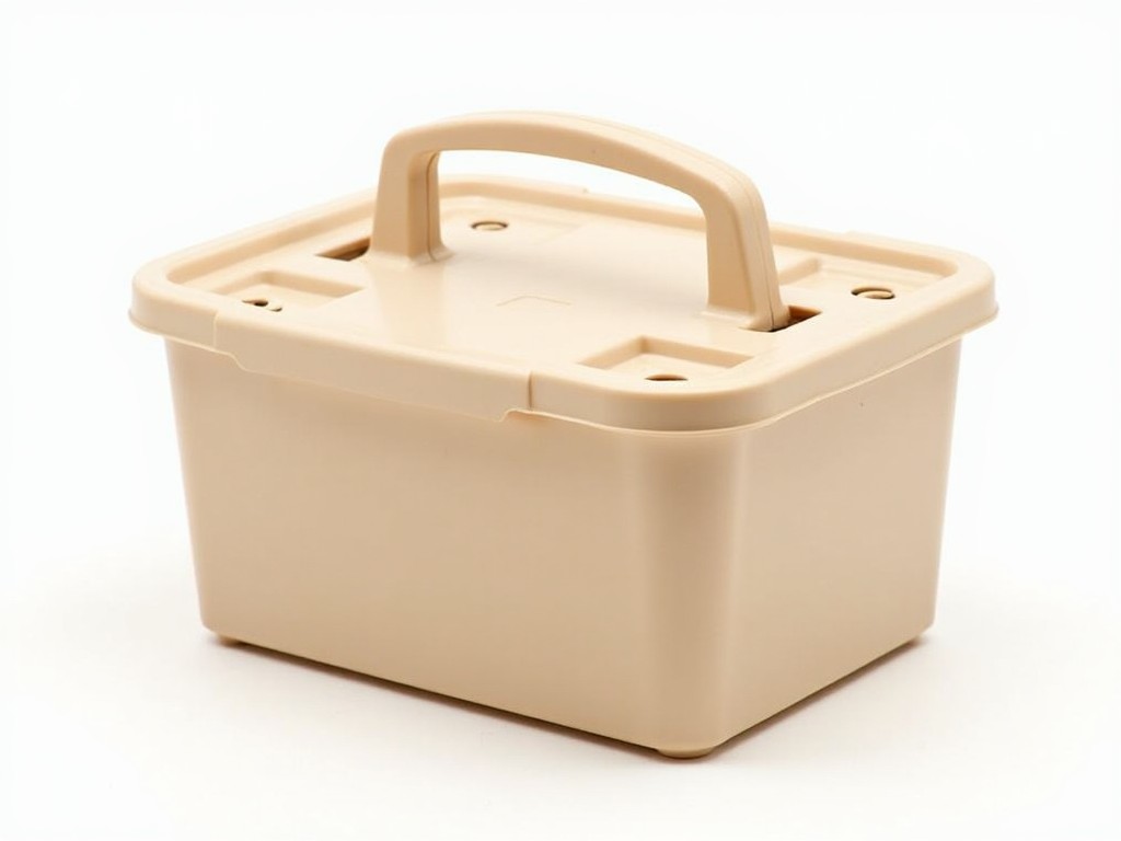 A beige plastic storage bin with a handle, photographed against a white background.