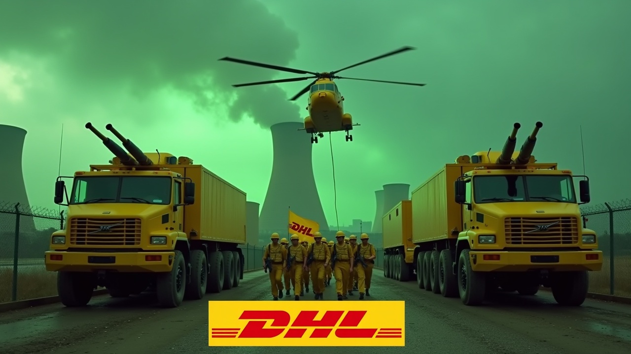 In a dramatic scene, several large yellow armored trucks equipped with roof-mounted cannons approach a fenced area. The trucks prominently display the DHL logo on their sides. Nearby, soldiers in yellow uniforms march together, holding rifles, creating a strong military presence. A soldier proudly waves a large flag featuring the DHL logo. In the background, smokestacks from a nuclear power plant loom, glowing ominously. Above, a yellow Chinook helicopter flies, contributing to the intense atmosphere. The overall color scheme features a striking green sky, enhancing the dramatic effect.