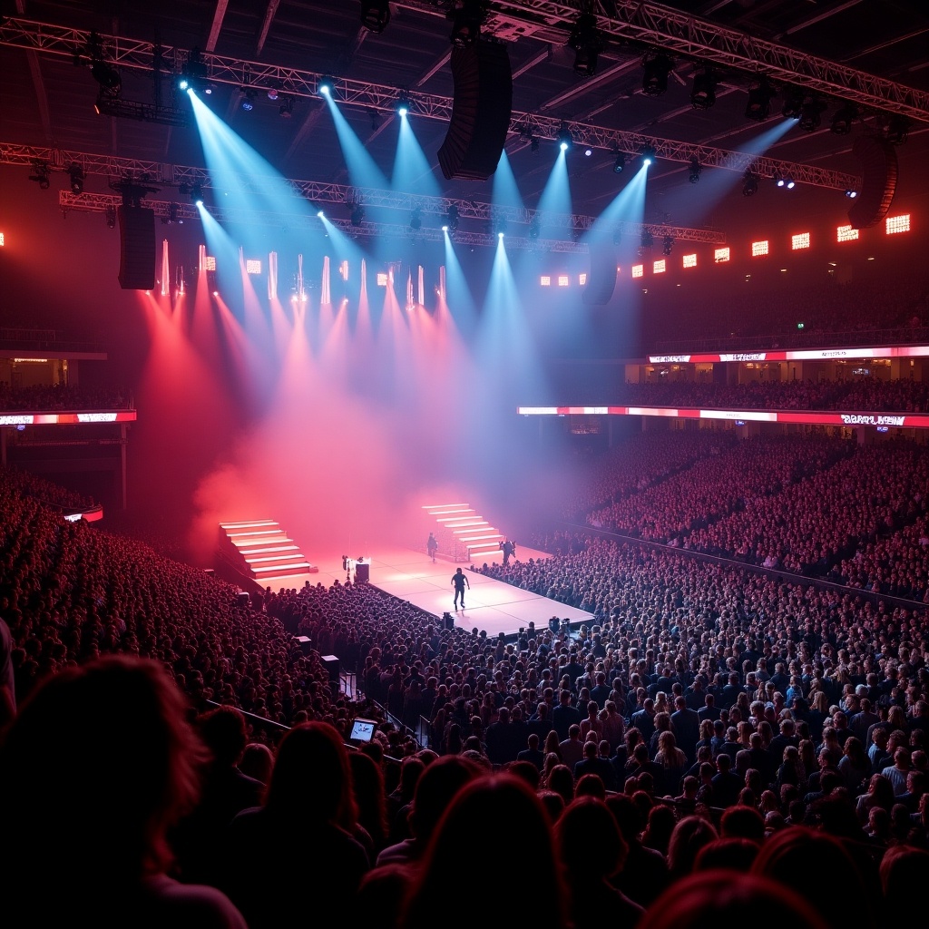 Wide view of a concert at Madison Square Garden. Colorful stage lights illuminate the performance area. A large audience fills the venue. Elevated perspective showcasing the T-stage runway.