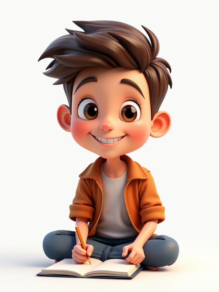 3D cartoon character of a young boy dressed in casual clothing. The boy sits on the floor with a notebook. The boy smiles cheerfully while writing. The scene is bright and inviting.