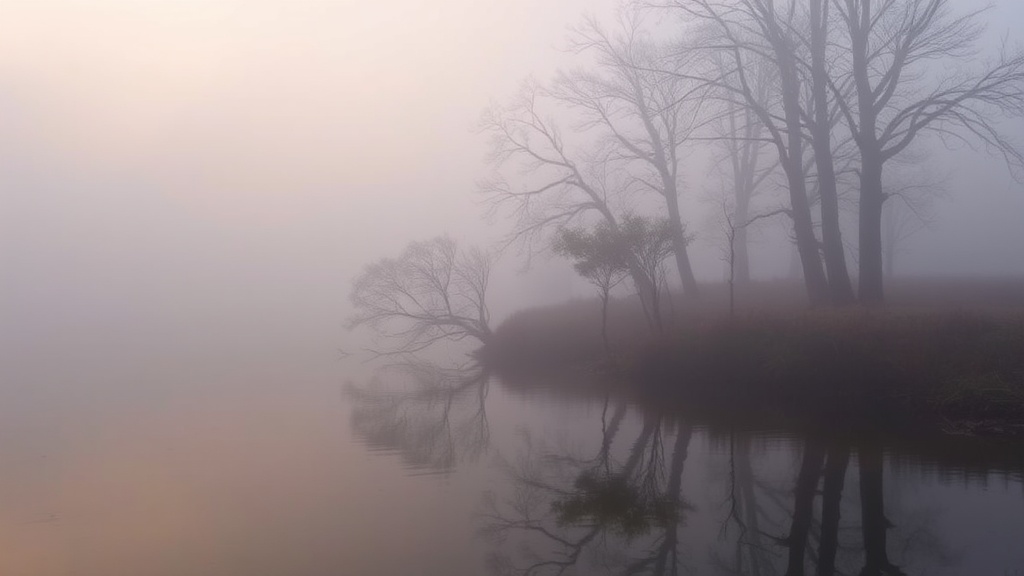 A serene and ethereal landscape is captured in this image, featuring a cluster of leafless trees standing by a still lake enveloped in thick mist. Their reflections ripple gently over the surface, casting a tranquil and mysterious atmosphere. The soft, subdued lighting enhances the calmness, creating an almost dreamlike quality centered around the eerie beauty of the fog.