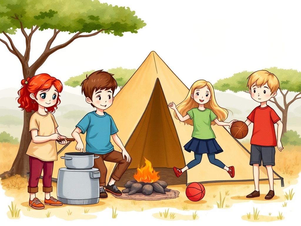 This illustration depicts a cheerful group of four children camping in a serene outdoor setting. The scene features a traditional canvas tent and a small campfire surrounded by stones, where one child is preparing to cook using a pot. Two other children are holding basketballs, ready for some fun activities. The atmosphere is lively and playful, with towering trees in the background adding to the natural environment.