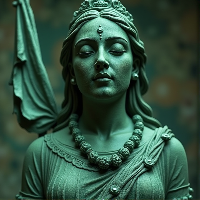 A green-hued statue of a serene woman with closed eyes and a decorative headpiece, adorned with a necklace and draped garment.