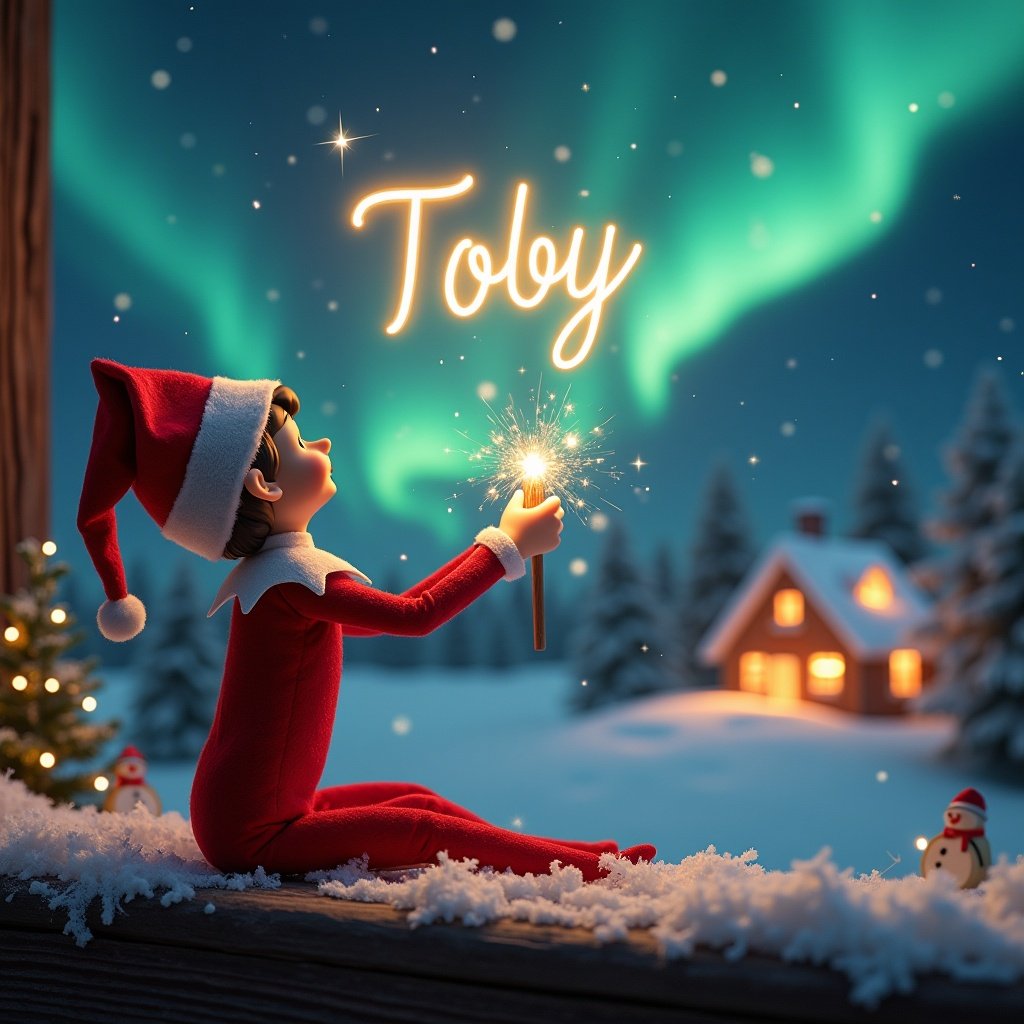 An elf on the shelf sits with its back to the viewer, gazing skyward. It holds a glowing wand that emits sparkling light. The background showcases a charming Christmas scene with colorful northern lights swirling above. In the distance, a cozy house can be seen, decorated for the holidays. Snow covers the ground, adding to the winter atmosphere. The elf is in a playful position, embodying the spirit of magic and wonder associated with Christmas. The name 'Toby' is written in the air using the wand.