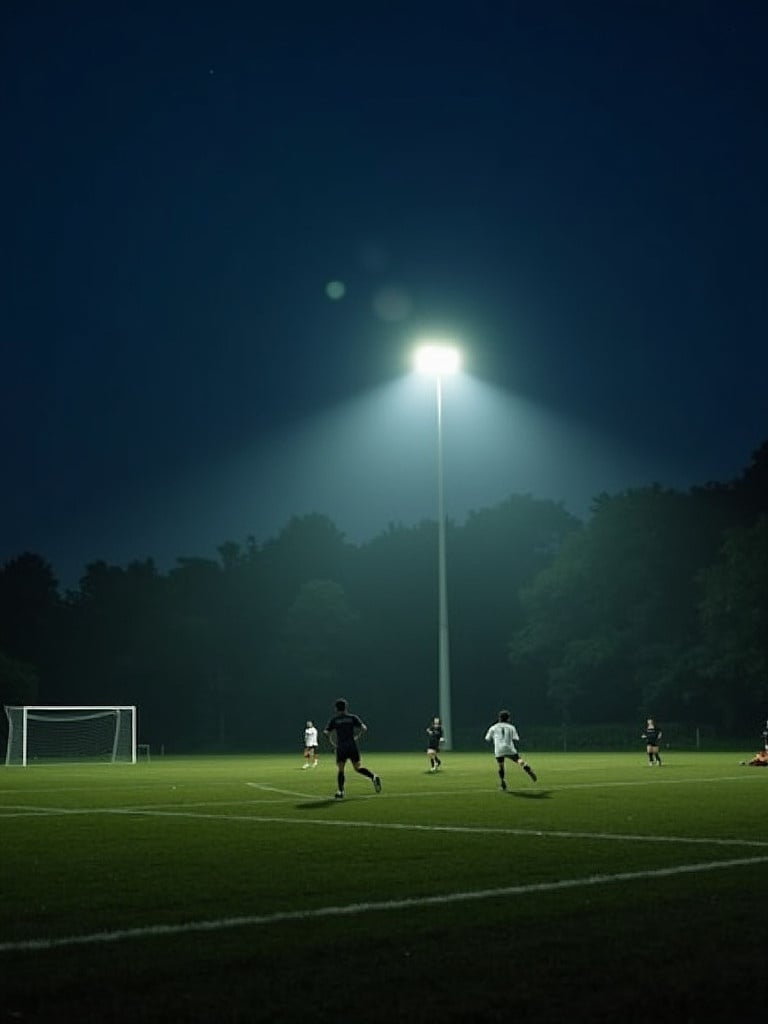 Night-time soccer game under a tall floodlight. The field is illuminated brightly creating shadows. Players run on the grass in a serene atmosphere.