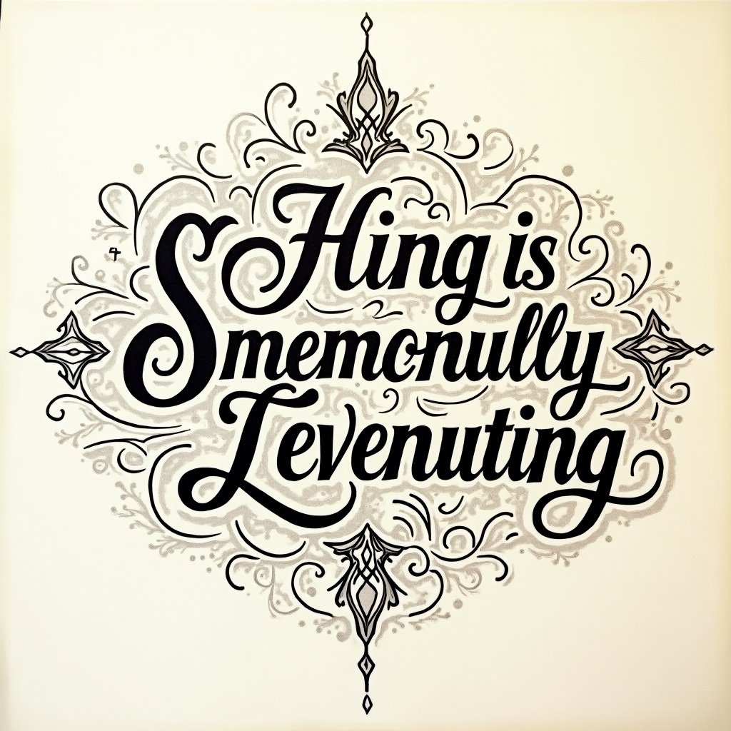 Calligraphy artwork featuring decorative text with unique shapes. The text is arranged in a bold, artistic way within a decorative frame.