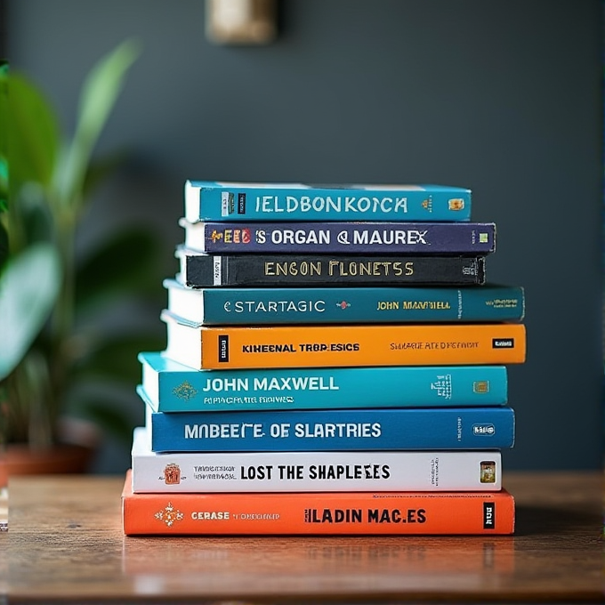 A stack of colorful books arranged in various orientations on a wooden table with a blurred plant in the background.