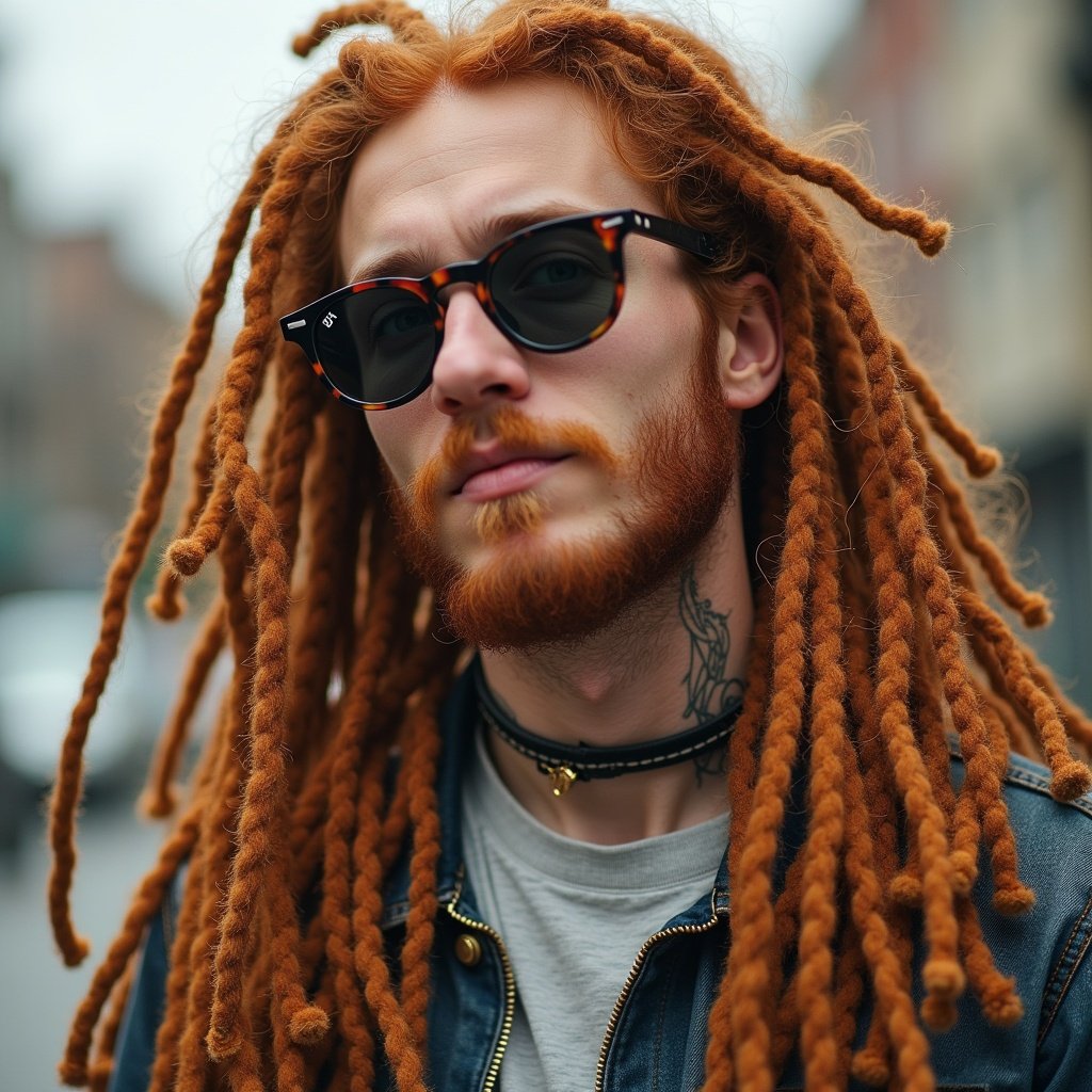 Long ginger hair with locks. Cool personality. Skateboarder vibe.