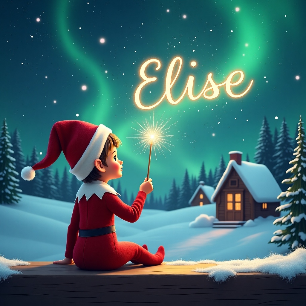 Elf on a ledge gazes at the magical sky. Elf wears a red outfit and a pointed hat. Elf holds a sparkling wand, writing the name 'Elise' in the sky. Background shows a snowy landscape with houses and evergreen trees.