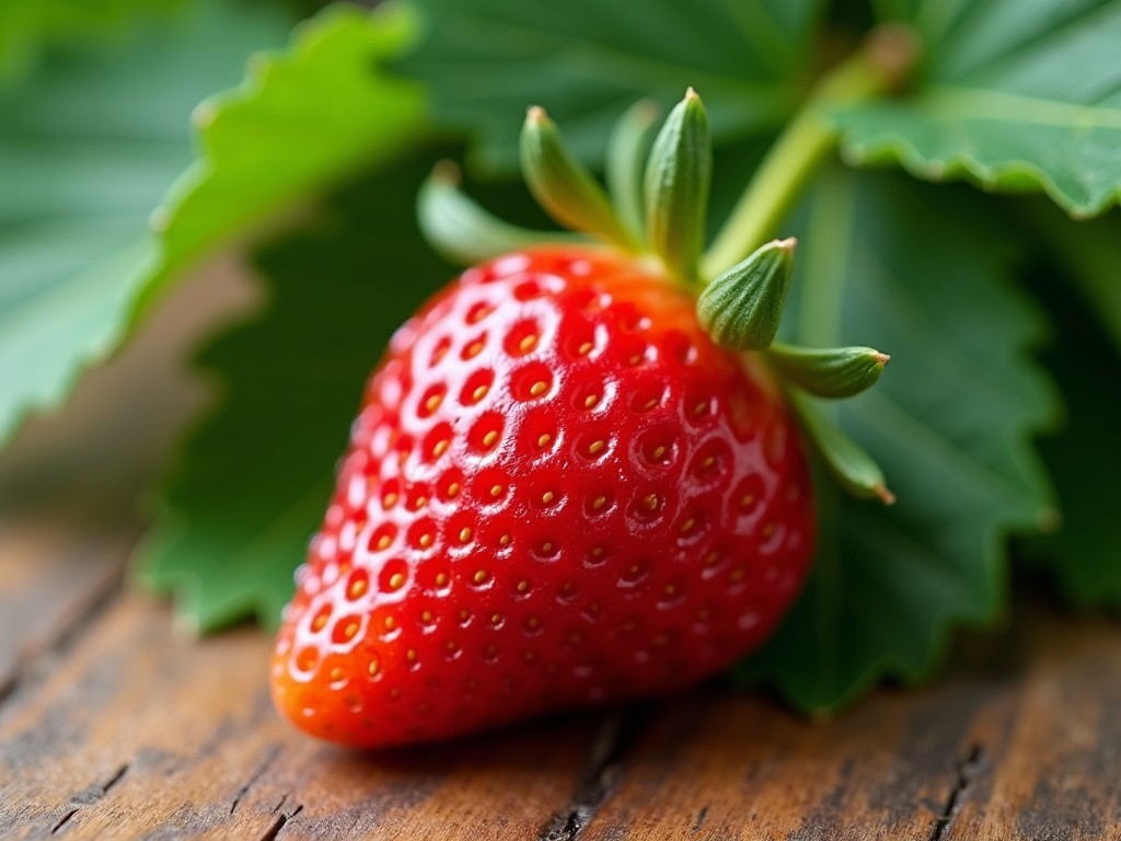 The image features a vibrant, ripe strawberry resting on a natural wooden surface. It is surrounded by green strawberry leaves, which enhance its freshness. The close-up shot captures the intricate texture of the strawberry’s skin, showcasing its small seeds. The photo is illuminated with soft natural lighting, highlighting the rich red color of the fruit. This composition emphasizes the natural beauty of the strawberry and its healthy appeal.