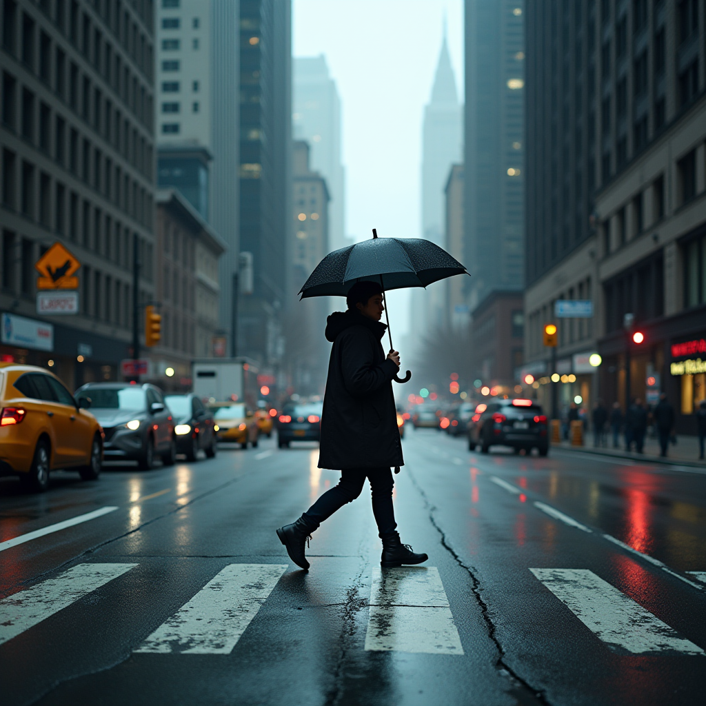 A person with an umbrella crosses a wet city street amidst traffic.