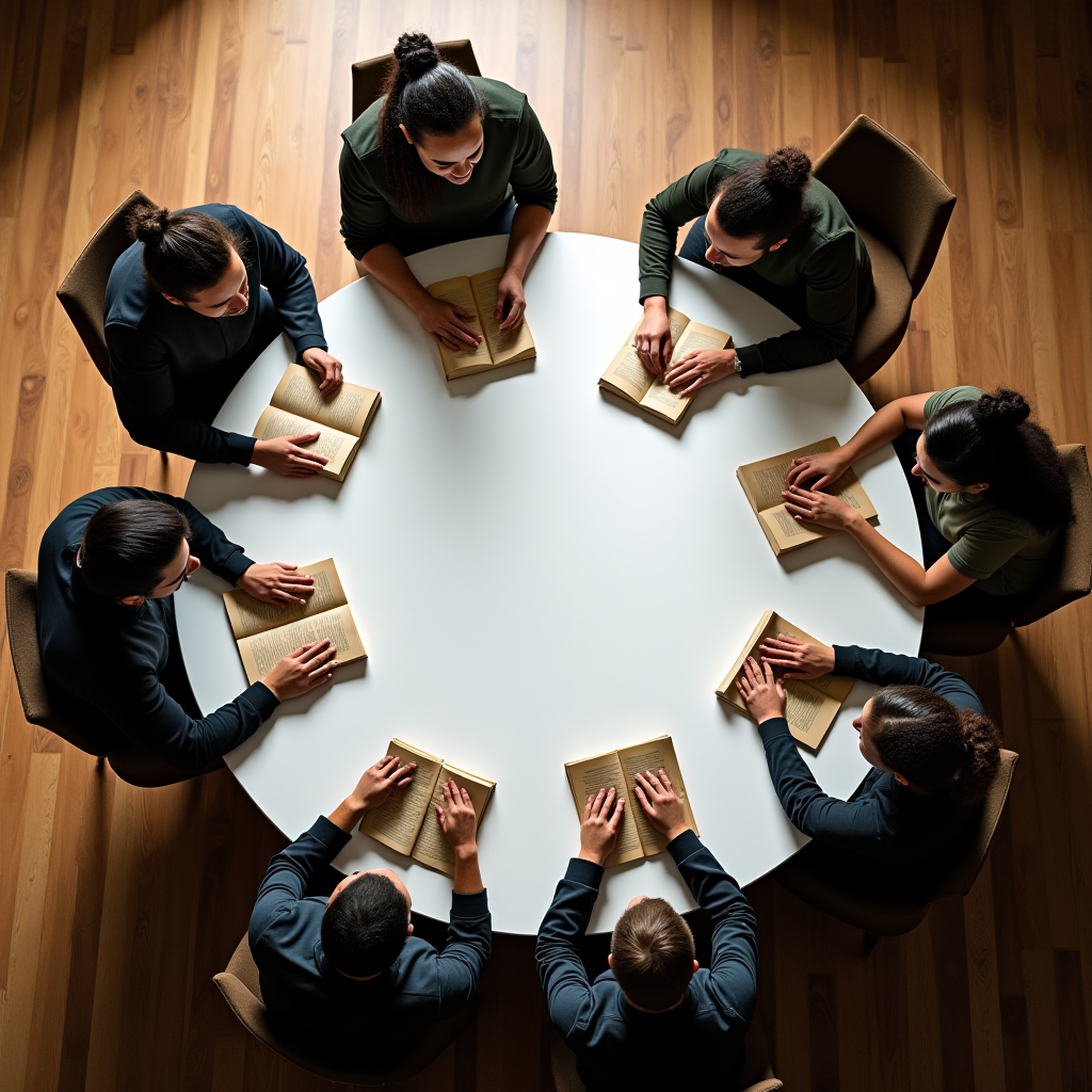 A group of people gathered around a round table, each focused on reading their own book.