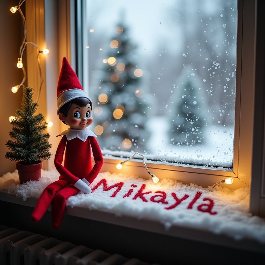 The image depicts a festive scene featuring an elf known as the 'Elf on the Shelf' sitting on a window sill. The elf is playfully writing the name 'Mikayla' in the snow. Outside the window, a beautiful winter landscape is visible, with snowflakes falling softly. There are Christmas trees adorned with decorations in the background. The window is framed with soft, twinkling lights, creating a warm, magical atmosphere of the holiday season.