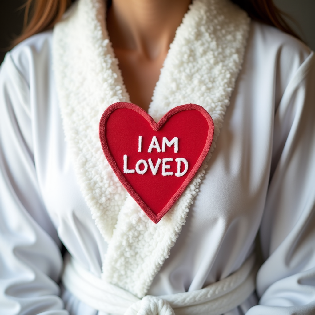 A woman in a cozy robe holds a heart that says 'I AM LOVED.'