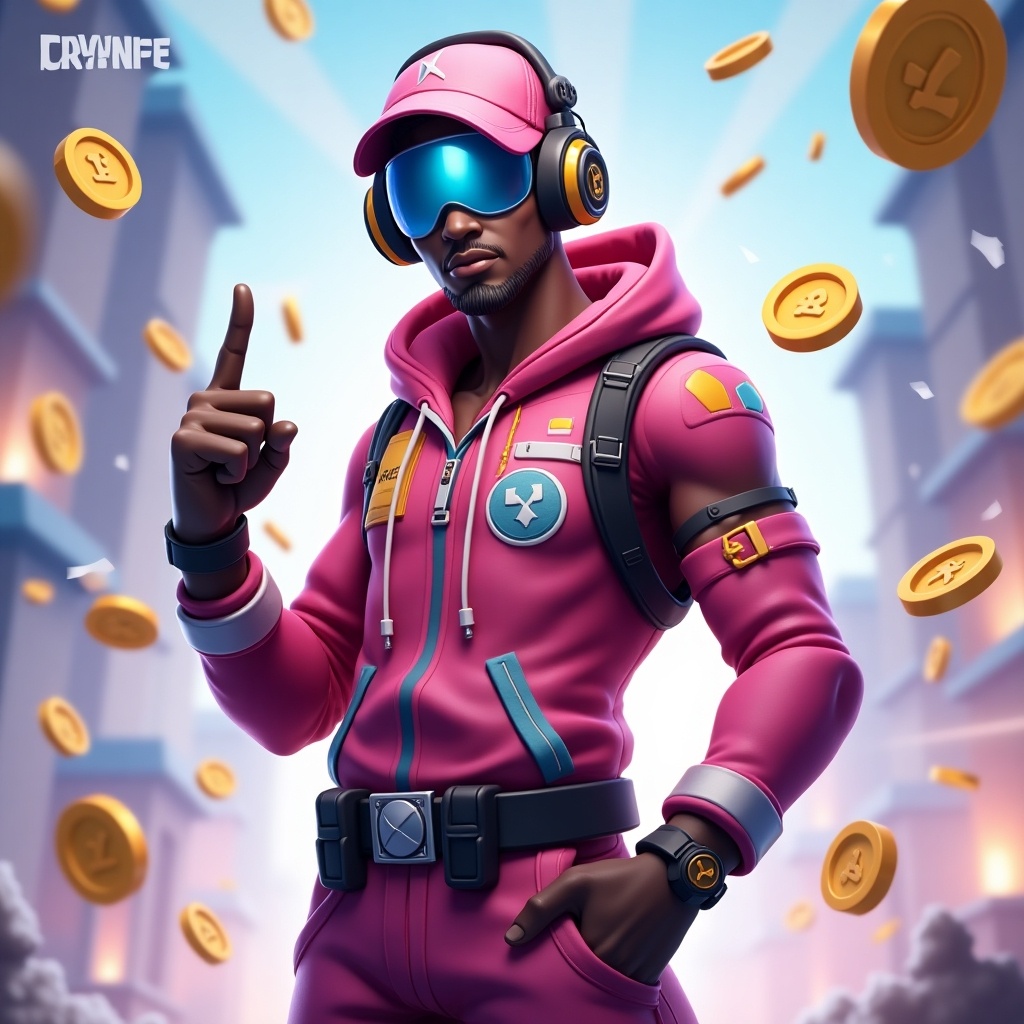 Fortnite esports character in a pink outfit with headphones and coins surrounding.