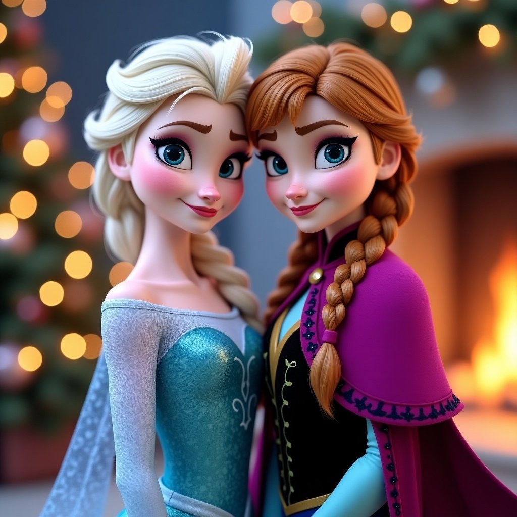 Frozen characters Elsa and Anna dressed in winter outfits for Christmas. Background includes Christmas trees, fireplace, soft lights, and festive decor.