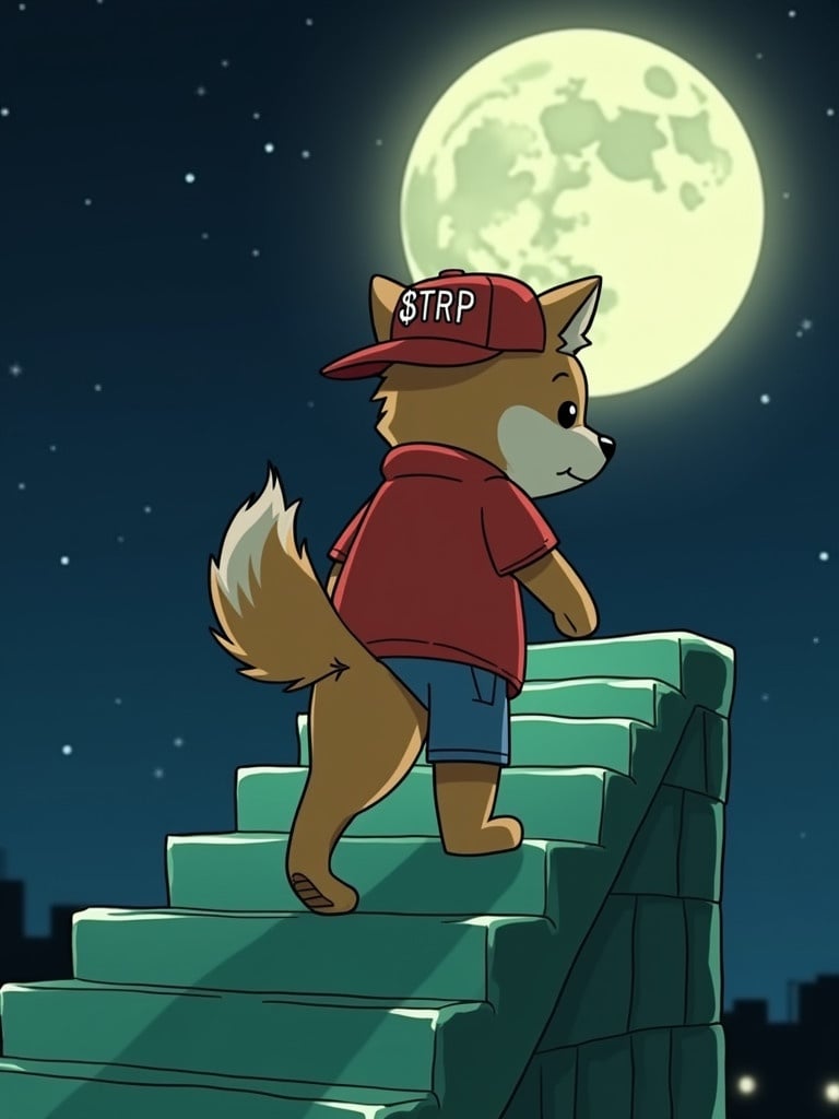 Animated cartoon Shiba dog character dressed in human clothing. The dog wears a red baseball cap marked with $TRP. The character ascends a green staircase under a large, bright moon. The backdrop features a starry night.