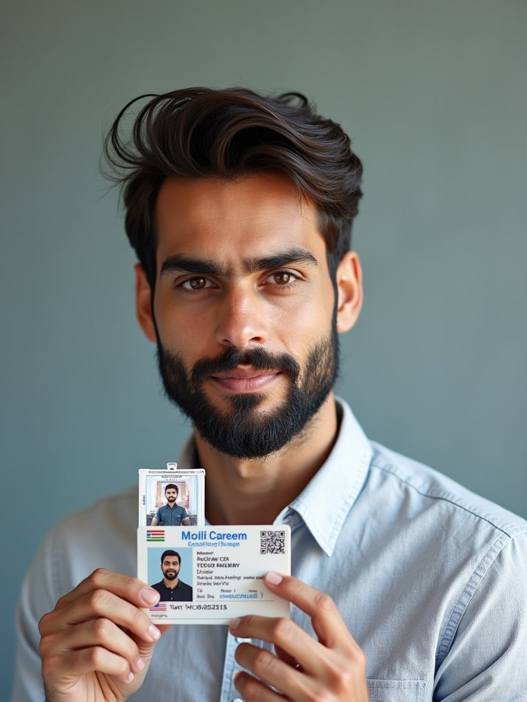 Realistic image of an Indian male holding an ID card. The ID card design can be seen clearly. The front and back of the ID card are displayed together.