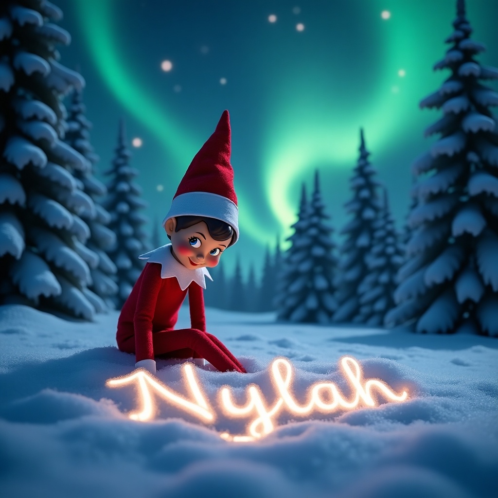 Animated elf in snow writing the name Nylah. Classic red outfit. Cursive name illuminated. Vibrant northern lights in night sky. Snow-covered pine trees framing the scene.