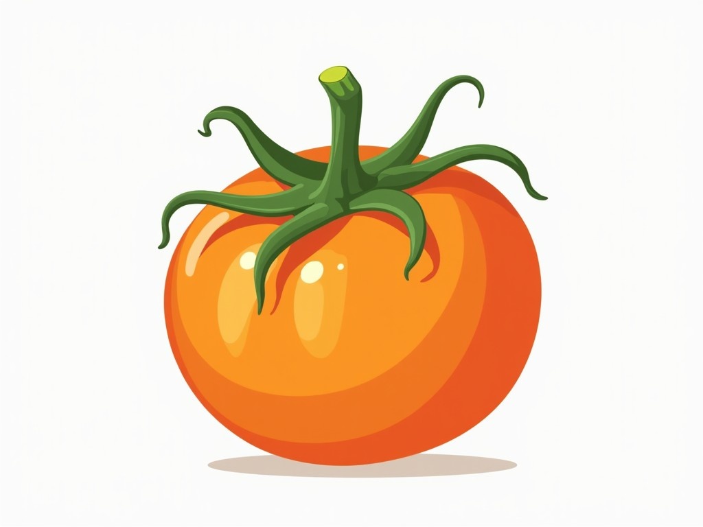 This image features a digitally illustrated orange tomato with a green stem. The tomato is rendered with realistic shading and highlights, giving it a three-dimensional appearance. The background is a simple white, making the vibrant colors of the tomato stand out prominently.