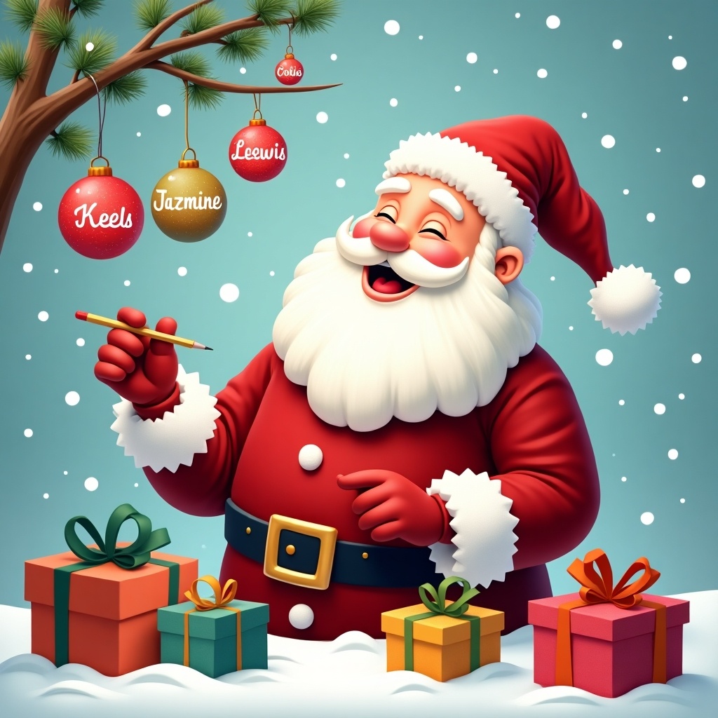 Santa Claus joyfully preparing for Christmas. Holding a pencil and looking at colorful ornaments labeled with names. Presents in bright colors around him. Soft blue background with gentle snowfall.