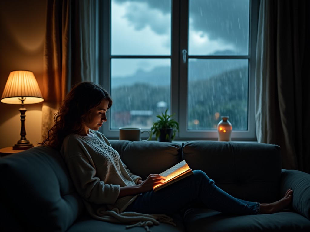 The image depicts a woman sitting comfortably on a couch, deeply engrossed in reading a book. Outside, rain is falling against the window, creating a cozy atmosphere. Soft lamplight illuminates the room, casting a warm glow around her. A plant is positioned nearby, adding a touch of nature to the setting. This scene evokes a feeling of solitude and peace, reminiscent of quiet reading moments during rainy days.