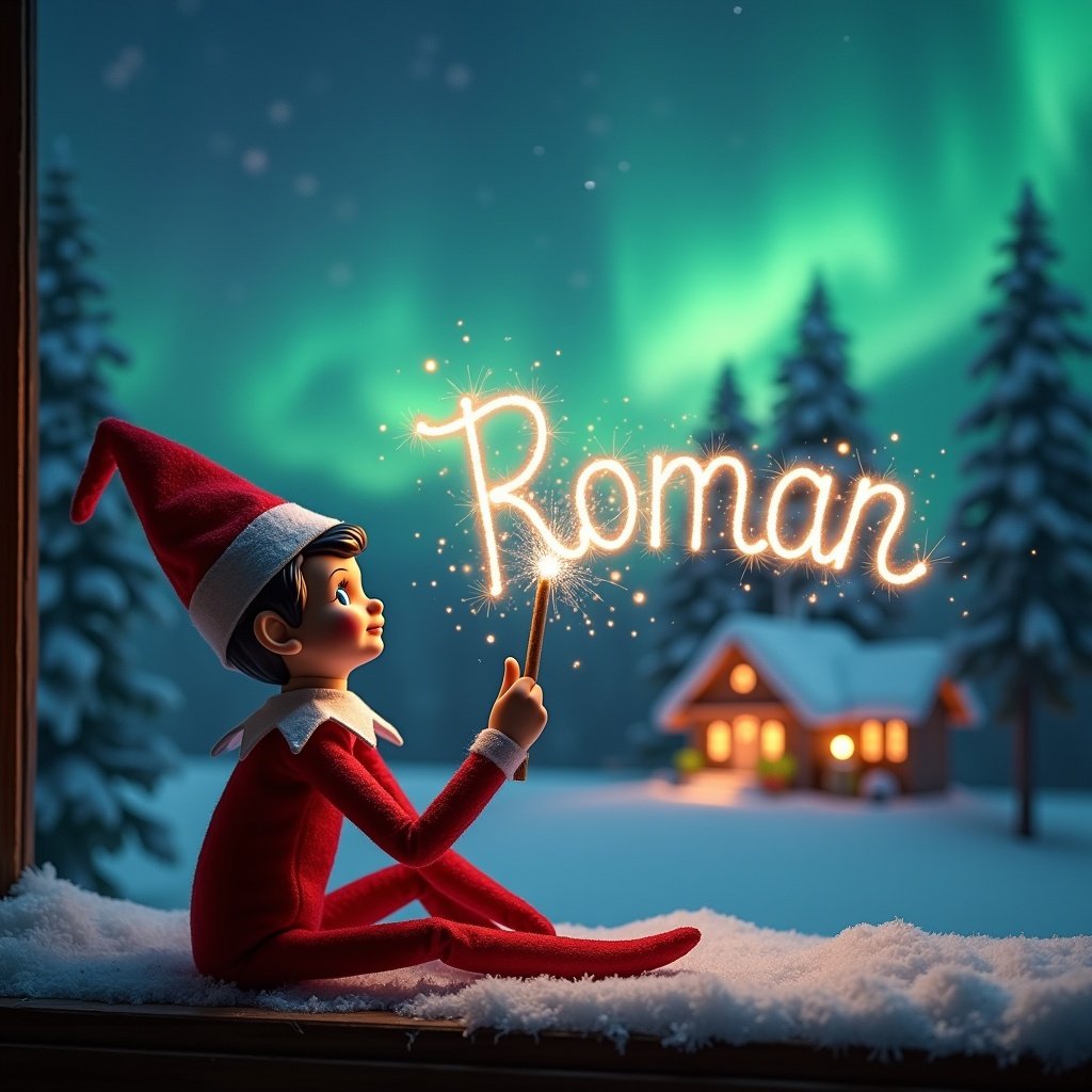 An elf on the shelf sits with its back to the viewer, gazing skyward. It holds a glowing wand that emits sparkling light. The background showcases a charming Christmas scene with colorful northern lights swirling above. In the distance, a cozy house can be seen, decorated for the holidays. Snow covers the ground, adding to the winter atmosphere. The elf is in a playful position, embodying the spirit of magic and wonder associated with Christmas. The name ‘Roman’ is written in the air using the wand, creating a sense of holiday cheer.