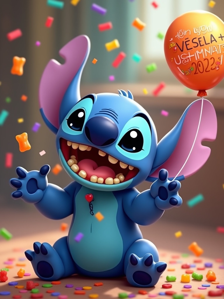 A cute blue alien character named Stitch has big ears and a joyful expression. Stitch is sitting down with a wide smile. Stitch shows his teeth and throws gummy bears with one hand while having a mouth full of gummy bears. Confetti and gummy bears are in the air. In his other hand, Stitch holds a balloon with the message 'Wish you VESELA + USMIHNATA 2025!'