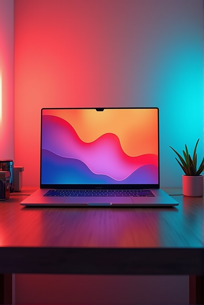 A laptop with a vibrant screen sits on a desk between a camera and a small plant, illuminated by colored lights.