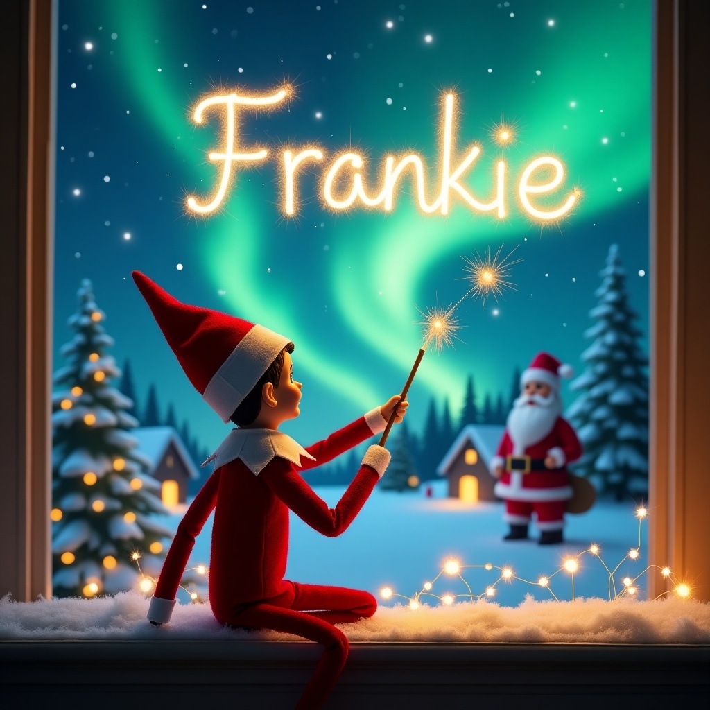 This image captures the whimsical essence of Christmas with an elf character sitting on a window sill. The elf, with its back facing the viewer, gazes up at a magical night sky. It holds a wand, producing sparkling letters that spell 'Frankie' amid a brilliant display of Northern Lights. Soft lighting enhances the whimsical atmosphere, illuminating cozy homes in the snowy landscape below. This scene evokes feelings of wonder, magic, and the joy of the holiday season, making it a perfect representation of festive cheer.