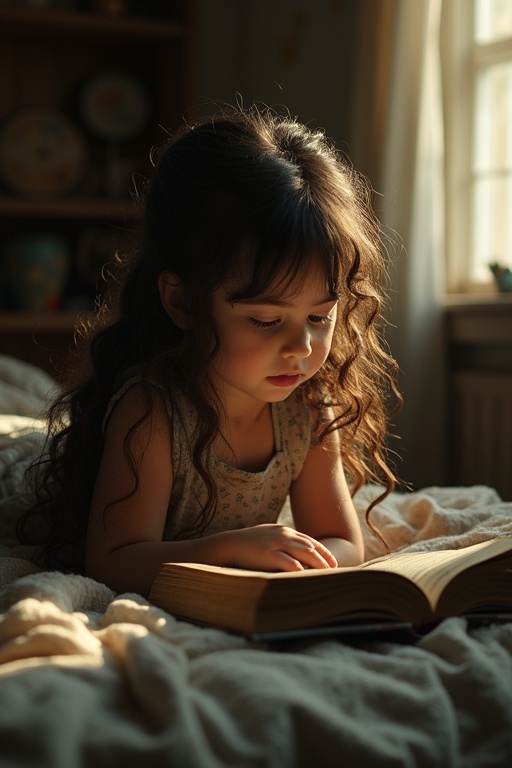 Young girl with long dark brown curly hair lies on a bed. She is reading a love story. Room has old and gloomy decor. Poor furnishings surround her. Warm light enters through the window and illuminates the scene.