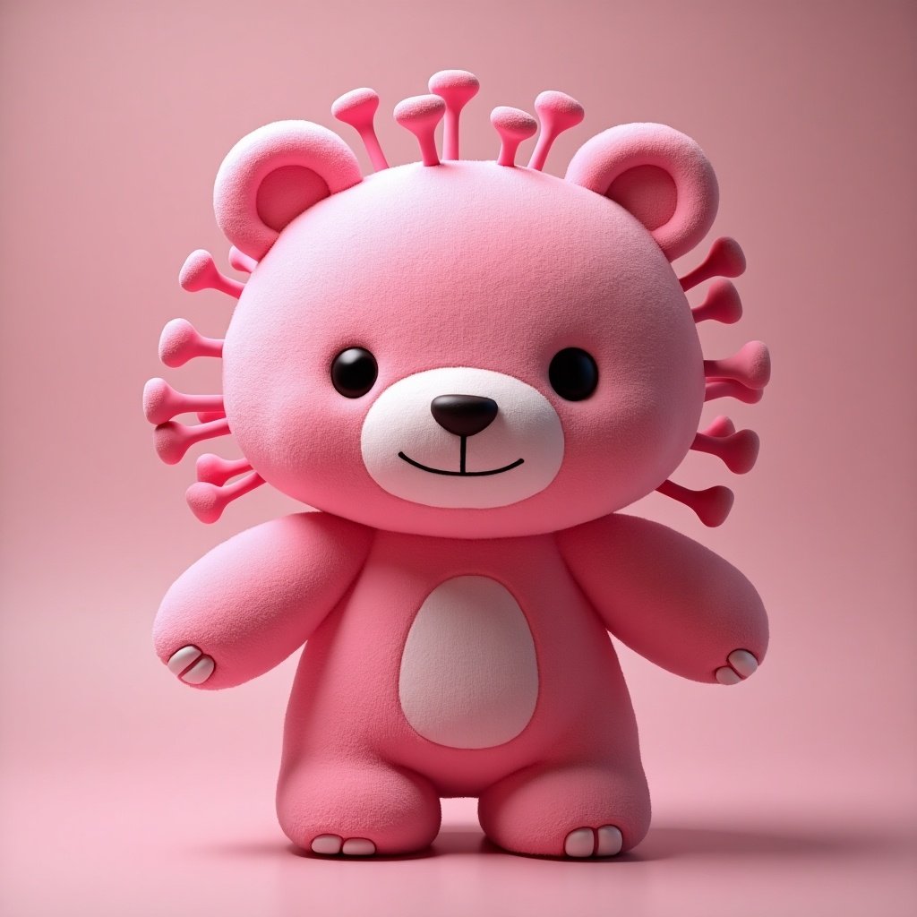 A pink bear with a virus-shaped head. Cute and cartoonish style. Soft textures and pastel colors.