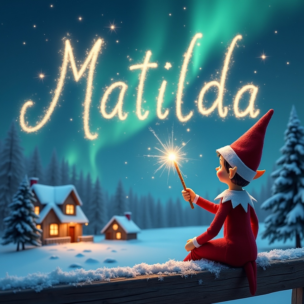 This enchanting scene depicts an elf sitting on a wooden ledge, gazing at a magical sky filled with shimmering Northern Lights. Clad in a festive red outfit with a pointed hat, the elf holds a sparkling wand and is elegantly writing the name 'Matilda' in the sky. The landscape below features charming little houses and evergreen trees blanketed in snow, enhancing the fairy tale atmosphere. The scene encapsulates the essence of childhood magic and warmth that the Christmas season brings. This whimsical image invites viewers into a world of fantasy and joy, making it perfect for holiday illustrations.