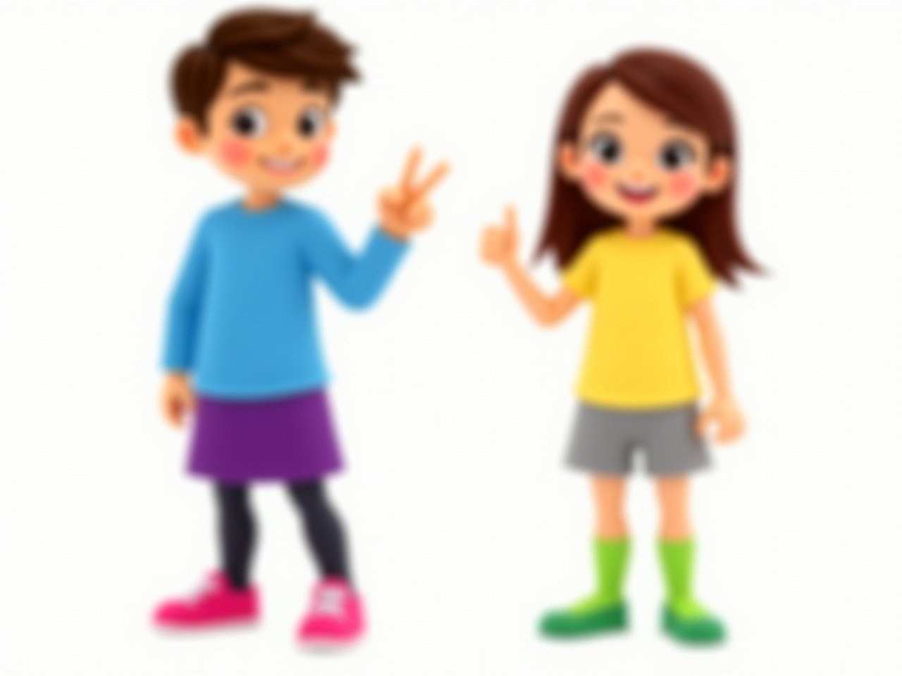 Image shows cartoon characters, a boy and a girl. Boy wears blue shirt, purple skirt, dark leggings, pink shoes. He makes peace sign. Girl wears yellow shirt, gray shorts, green socks, green shoes. She gives thumbs-up. Image is colorful and playful, for children’s illustration.